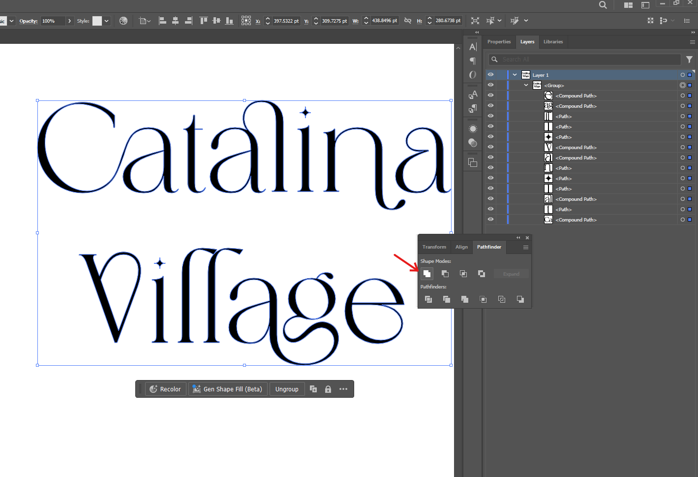 Illustrator create outlines Catalina Village font