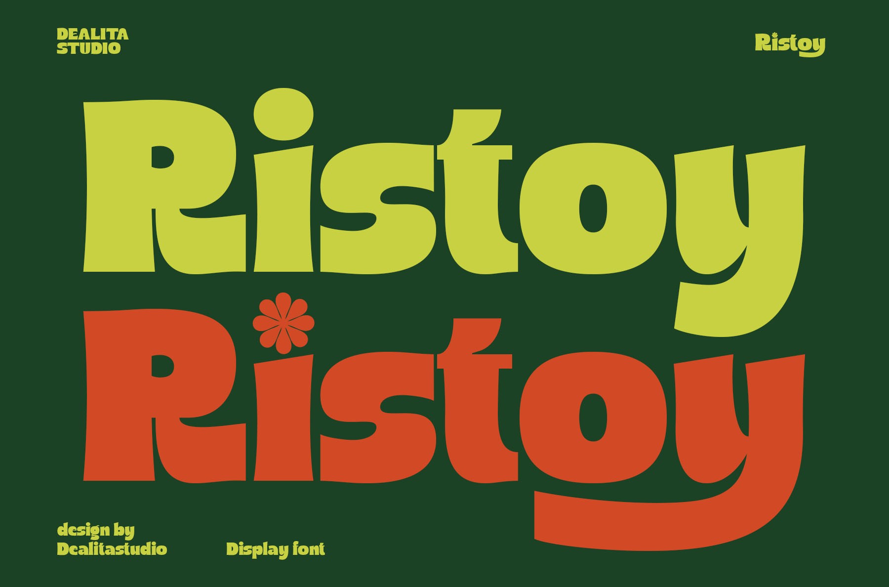 Ristoy font showing 50 ligatures and stylistic alternates display